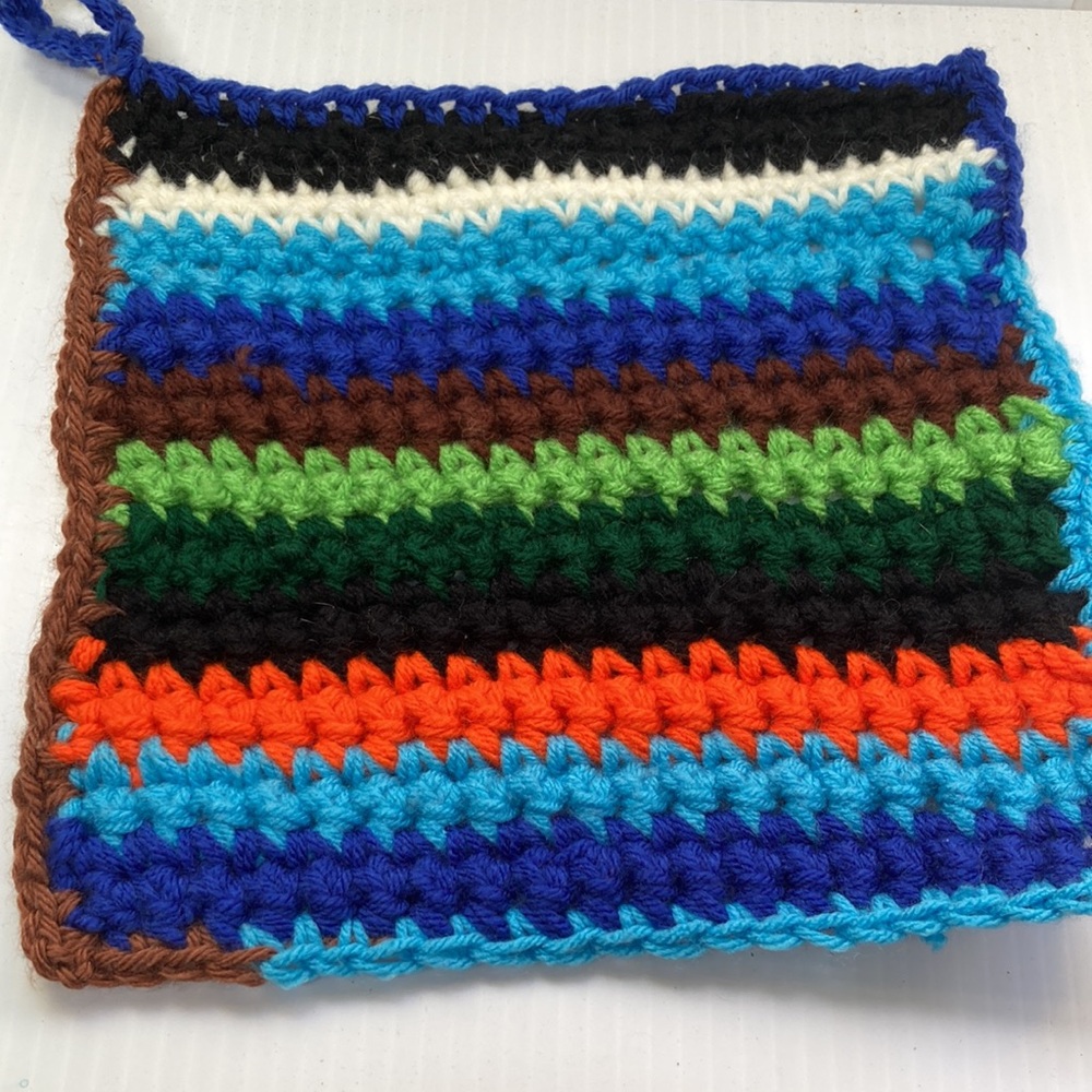 Rainbow  Stripes Crocheted Handmade Handcrafted Pot Holder 9 x 9 inches